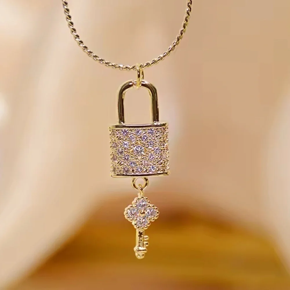18K Gold Clover & Flower Diamond Lock & Key Luxury Inspired Design Necklace